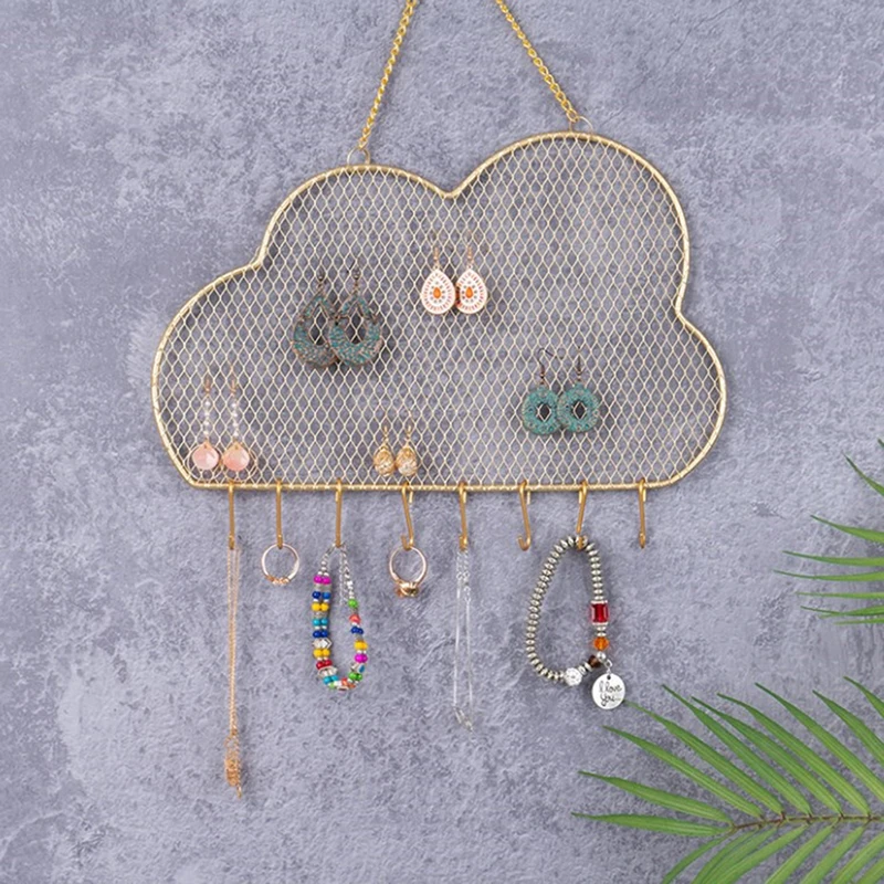 Colgador de pared de malla de Metal con ganchos, colgante con forma de nube y gato para joyería, pendientes, collar, pulsera, organizador, estante