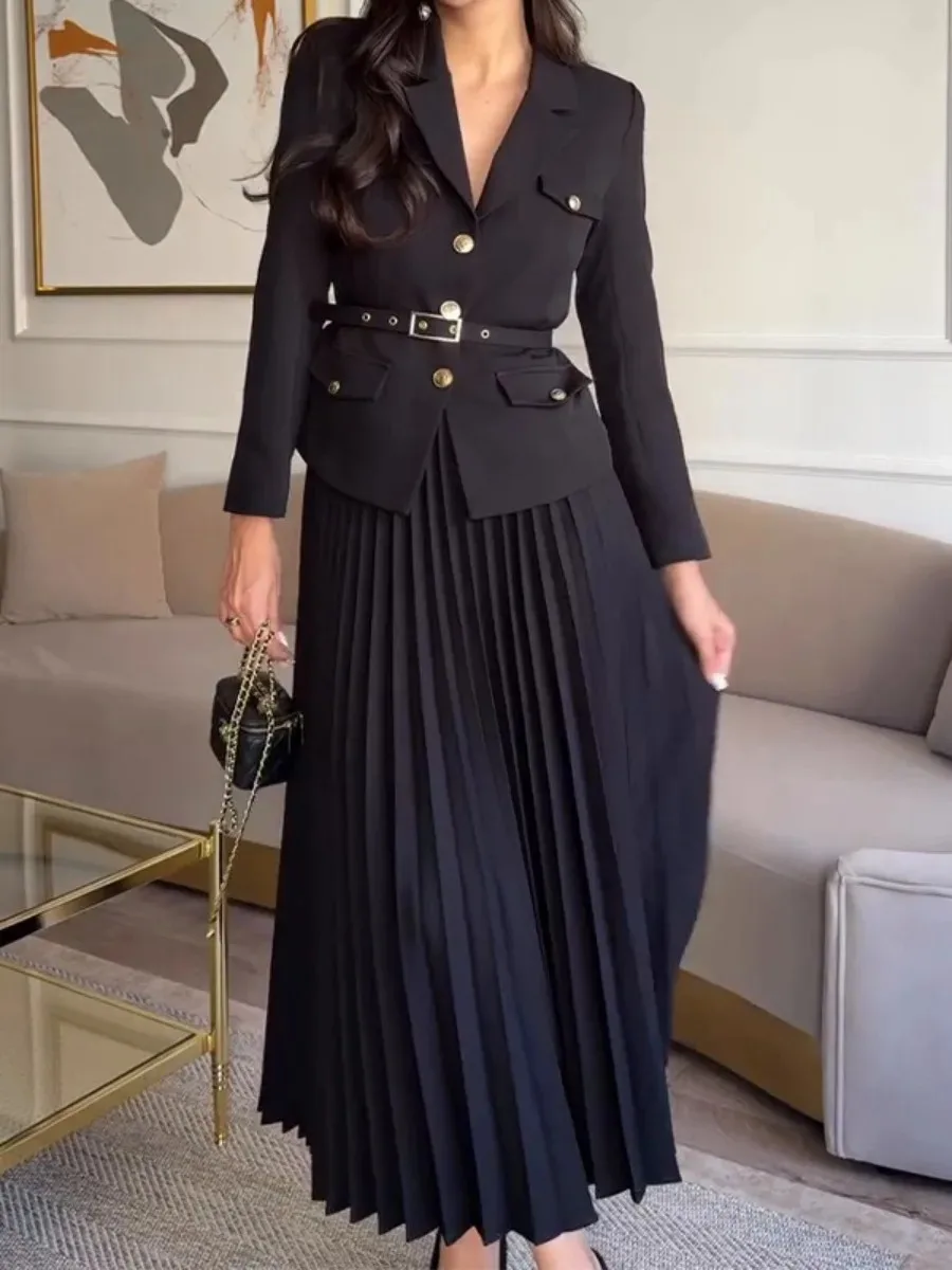 Eid Women Muslim Set Blazer Pleated Skirt Two Piece Set Shirt Skirt Suits Ramadan Morocco Dubai Islam Outfits Jalabiya Ensemble