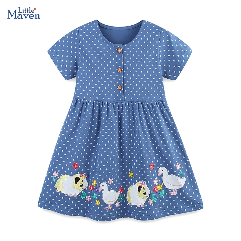 

Little maven Summer Kids Clothes Baby Girls Cotton Embroidered Cartoon Animals Princess Dresses New Year Gifts Dot Knit Skirt