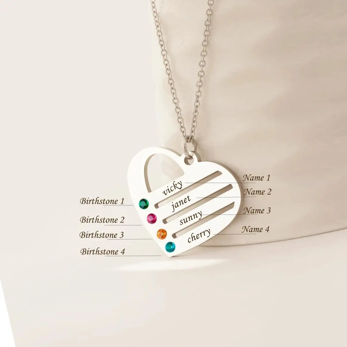 Custom Personalized 4 Birthstones Stainless Steel Heart Pendant Necklace Engrave Family Names Gift for Mothers Day Jewelry