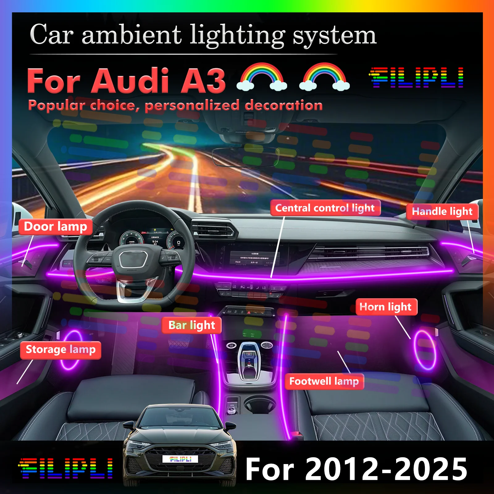 

For Audi A3 Car Interior LED Ambient Light, Smart Control Multi-color Decorative Lamp