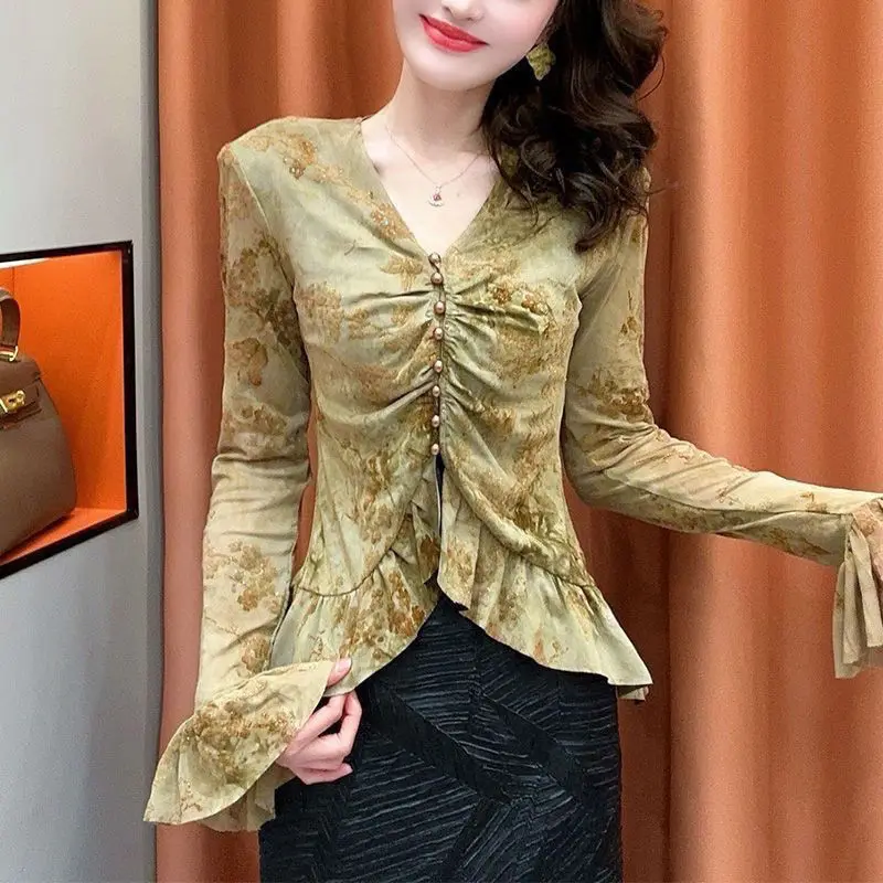 Vintage Harajuku V-neck Sexy Slim Blouse Women Tops Print Flare Long Sleeve Shirt Mesh Ruffle Bottom Shirt Lace Shirts Design