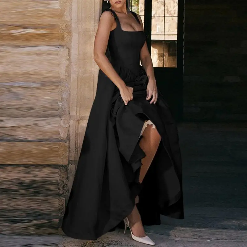 Simple and elegant solid-color corset halter dress, wedding and graduation ceremony, long skirt with a large skirt