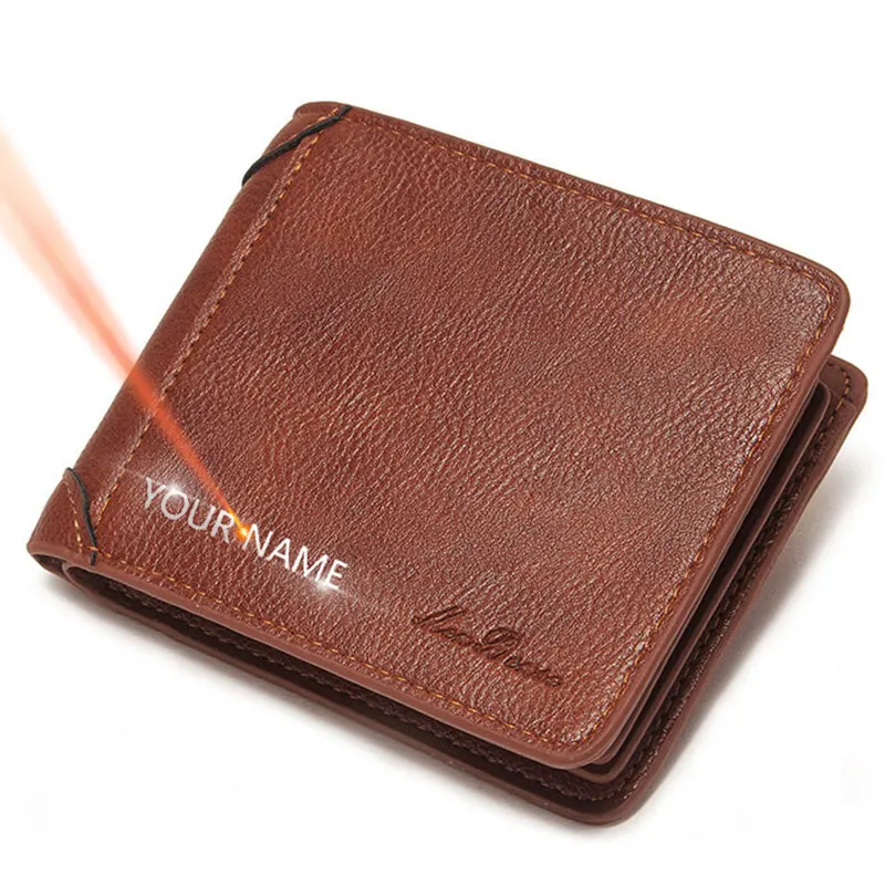 Free Name Engraving Short Men Wallets Coin Pocket Zipper Credit Card Holder Slim Male Wallet High Quality PU Leather Men's Purse