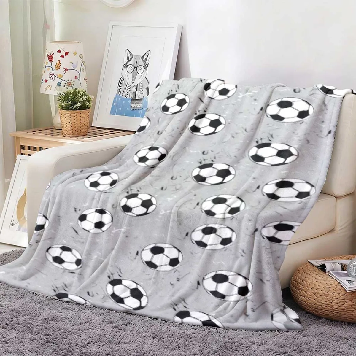 Grey Soccer Football Flannel Blanket, Vintage Grunge Sports Ball Pattern Lightweight Throw Blanket for Bed Couch Daily Use