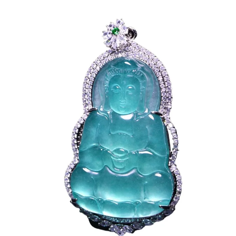 

Jade color, high ice, light green, blue-green, light blue, lake green, Guanyin pendant inlaid with the same pendant