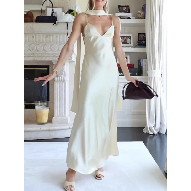 

2025 New Fashion Pleated Sleeveless Midi Dress for Women with Scarf Decoration | Elegant Evening Party Long Dress