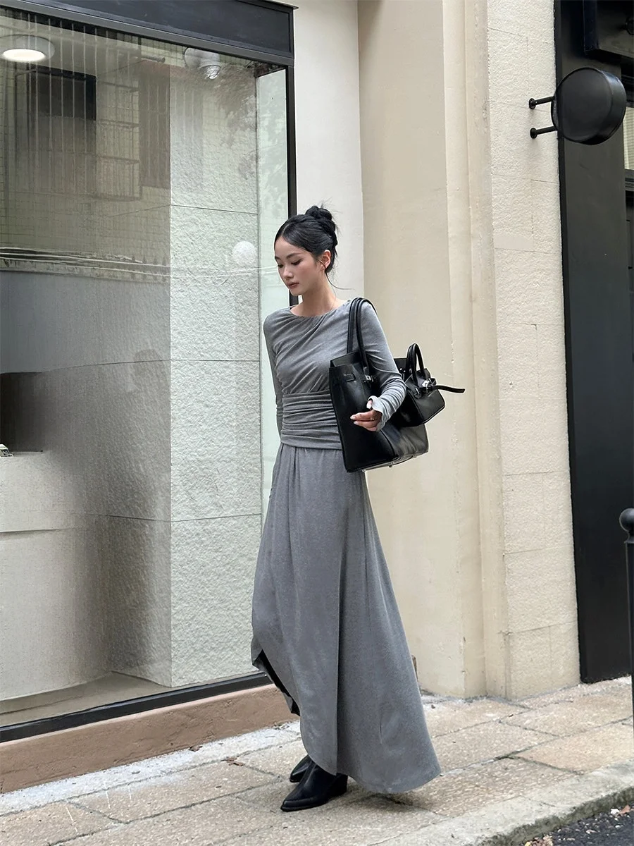 

VENUIE Casual Long Sve Asymmetrical Dr Women's Waist-Cinching Slimming round Ne Pleated Split Long Dr