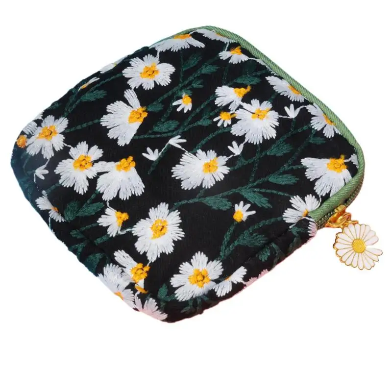 Sanitary Napkin Storage Bag Embroidered Period Bag Daisy Tampon Storage Pouch Portable Organizer Pouch for Sanitary Napkin