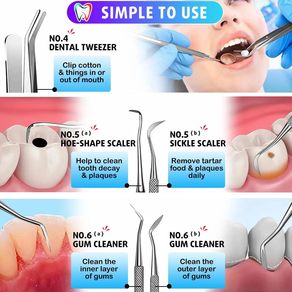 Dental Tools,Dental Pick Mouth Mirror Probe Tweezer Hoe Sickle Tartar Plaque Remover Dentist Stainless Steel Teeth Cleaning Tool