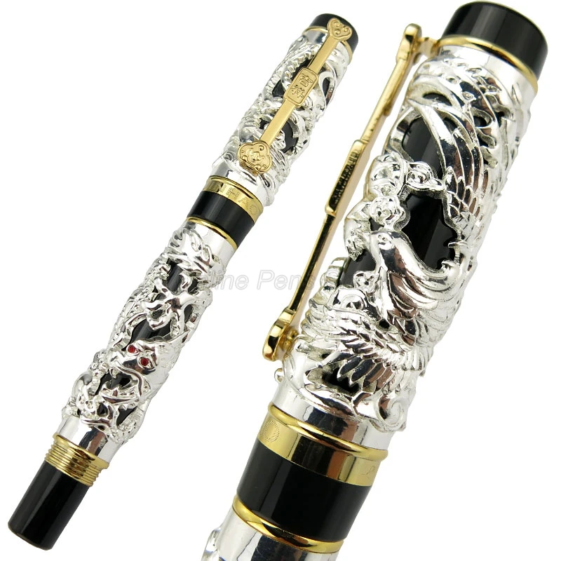 Jinhao Vintage Black and Silver Dragon And Phoenix Carving Embossing Heavy Roller Ball Pen Professional Office Stationery