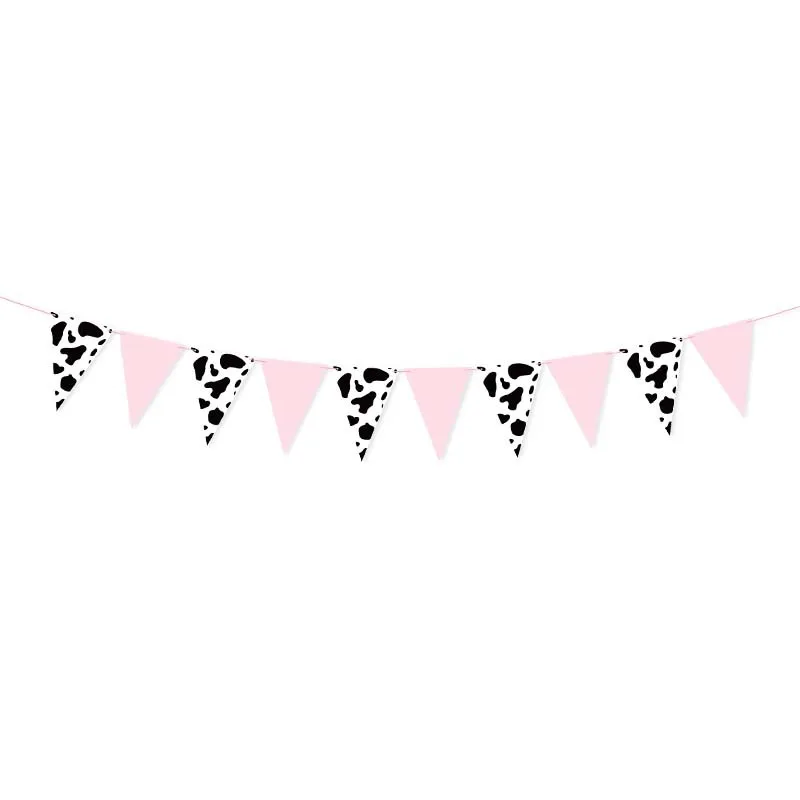 Black White Cow Pattern Pink Paper Triangle Pennant Banners Birthday Party Flag for Cowboy Party Baby Shower Animal Decorations