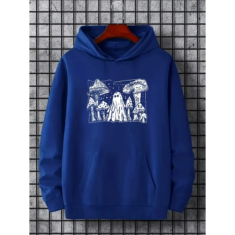 سويت شيرت بقلنسوة بأكمام طويلة مطبوع عليه رسومات الفطر والشبح للرجال، بلوفر فضفاض بقلنسوة مع