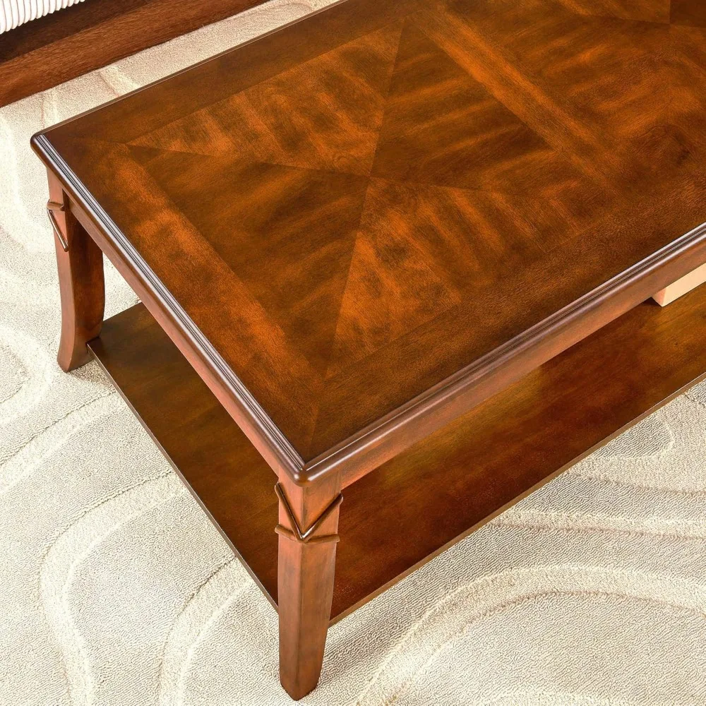 Solid Wood Coffee Table with Storage Shelf, Mid-Century Living Room Table with Wood Carved Tabletop and Leg, 43.3” Splicing Coc
