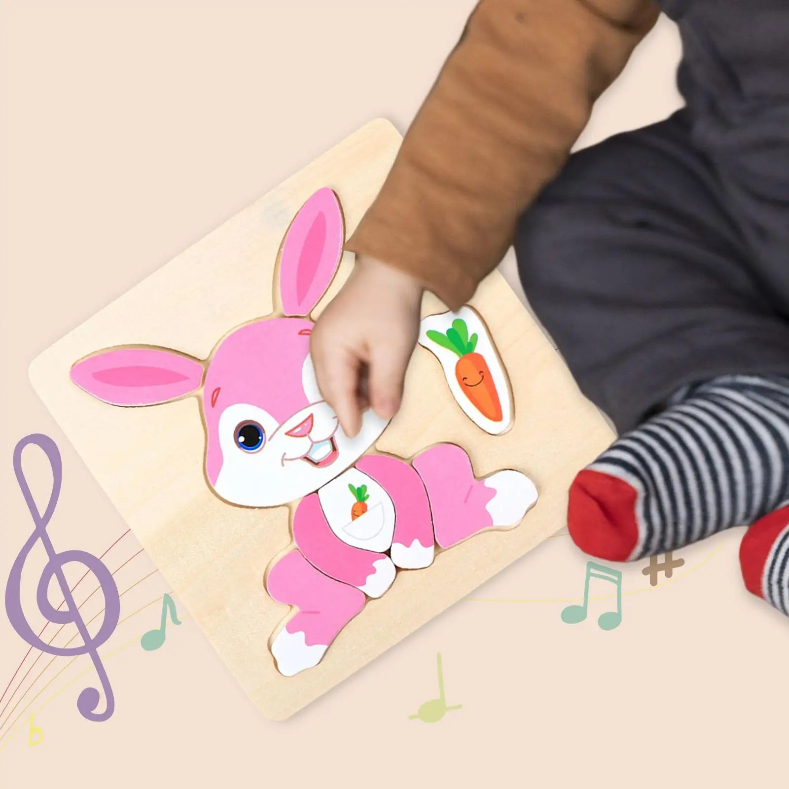 Wooden Cartoon Rabbit Puzzles Educational Toy Shape Matching Game Animal Bunny Puzzle Board for Preschool Boys Girls Kids Toy