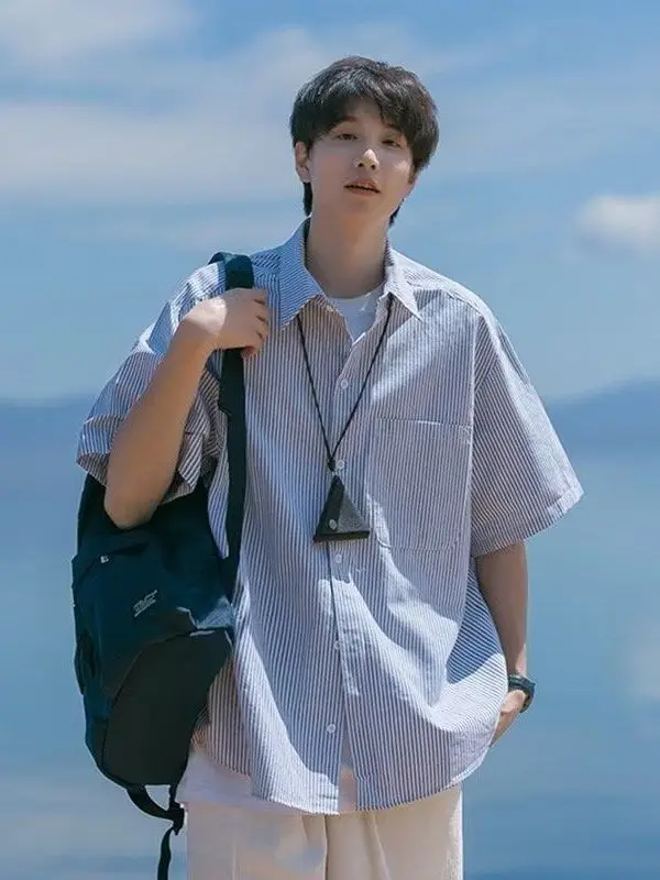 Loose Casual Men's Short Sleeve Striped Shirt Cityboy Style Summer New Arrival Outerwear Coat Polyester Fiber No Brand