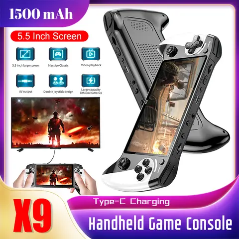 X9 휴대용 게임 콘솔 내장 9가지 클래식 게임 에뮬레이터 5.5인치 화면 1500mAh 360 °   미끄럼 방지 조이스틱 레트로 비디오 게임 플레이어