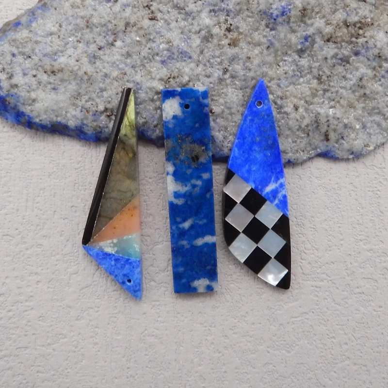 3Pcs Natural Stone Pendants For Jewelry Making,Lapis Lazuli Labradorite Obsidian Pendants DIY Making,42x13x3mm,8g