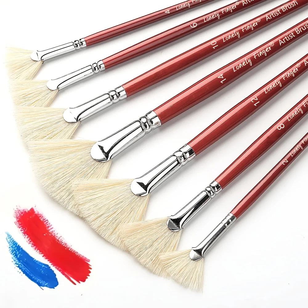 Artist Fan Paint Brush Set of 7, Hog Bristle Natural Hair Anti-Shedding Brush Tips, for Acrylic Oil Gouache Watercolor, Pa