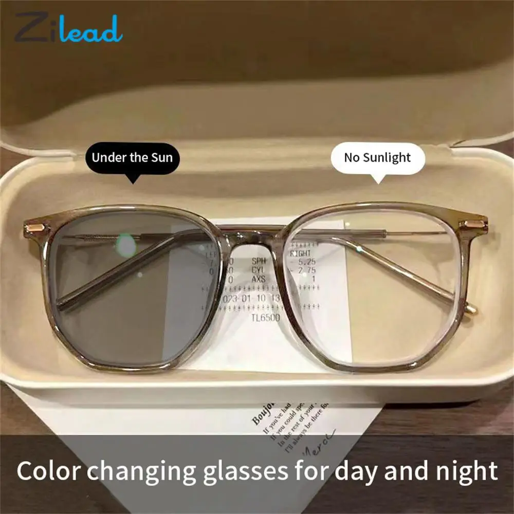 Zilead Discolored Myopia Glasses Women Men Metal Colorchanging Myopic Eyeglasses Sqaure Photochromic Nearsighted Eyewear 0-600