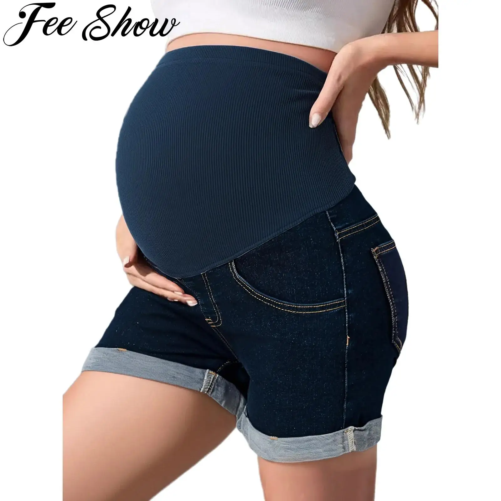 

Maternity Denim Shorts Over The Belly High Waist Stretchy Comfy Shorts with Pockets Casual Workout Pregnancy Women Jean Pants
