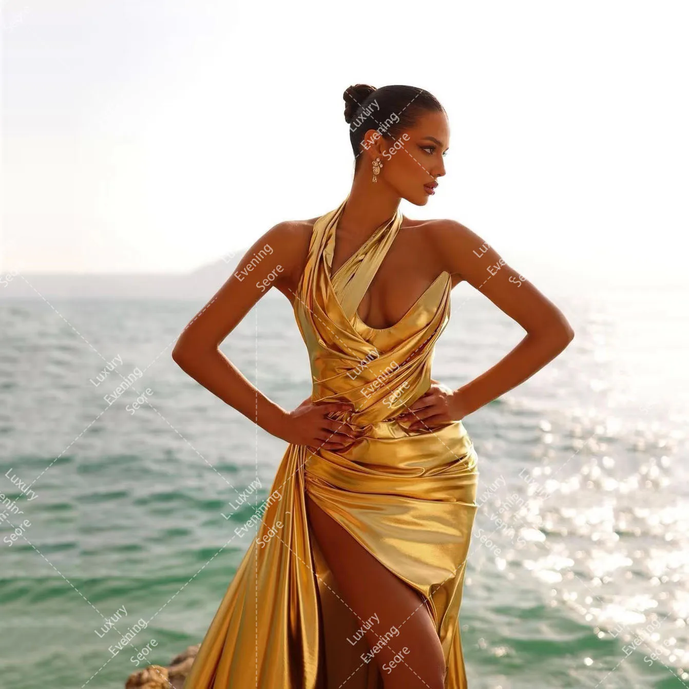 Arabic Gold Celebrity Evening Dresses Mermaid For Woman One Shoulder Sexy Side High Split Satin Formal Elegant Party Prom Gowns