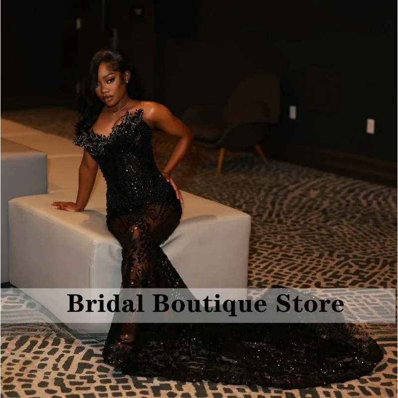 Charming Black Sequin Evening Dress Sexy Sweetheart Sleeveless Mermaid Party Dresses With Beaded Vestido De Festa Customized