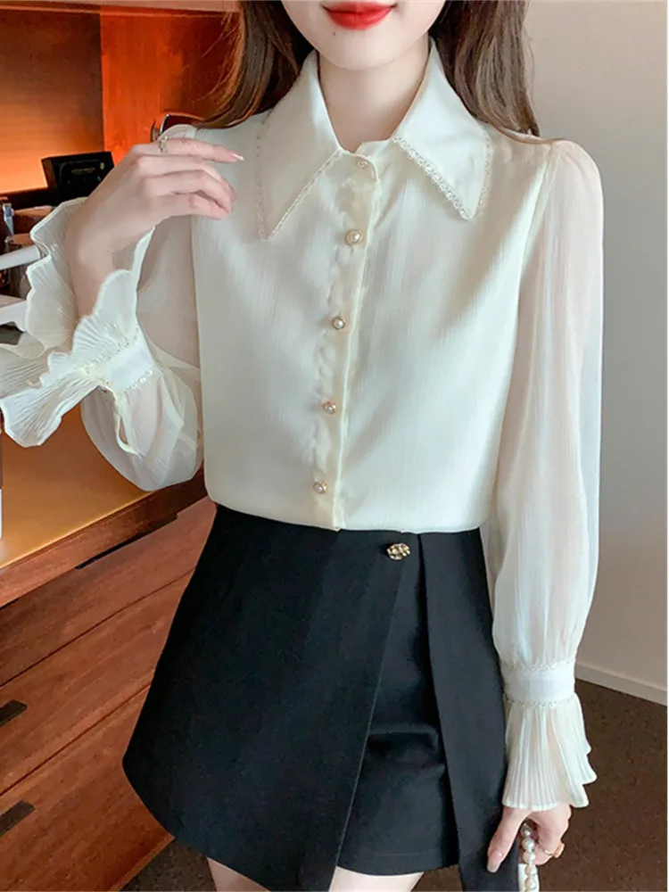 #3238 White Chiffon Office Shirts Blouse Women Turn-down Collar France Style Flare Sleeve Women Shirts Thin Sexy Vintage Spring