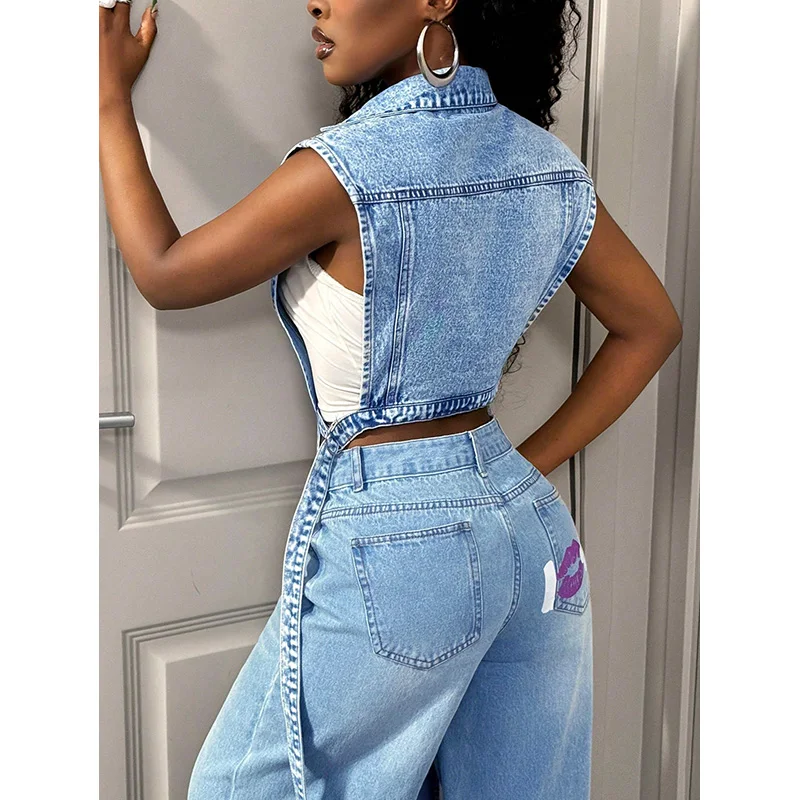 Benuynffy Notched Neck Sleeveless Denim Cardigan Top Women Summer Casual Streetwear Irregular High Low Jean Coat Fashion 2026