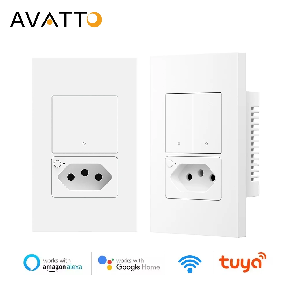 

AVATTO Tuya WiFi Brazil Standard 4X2 Панель 1/2 кнопок Выключатель света, умный настенный выключатель и розетка Поддержка Alexa, Google Home, Alice