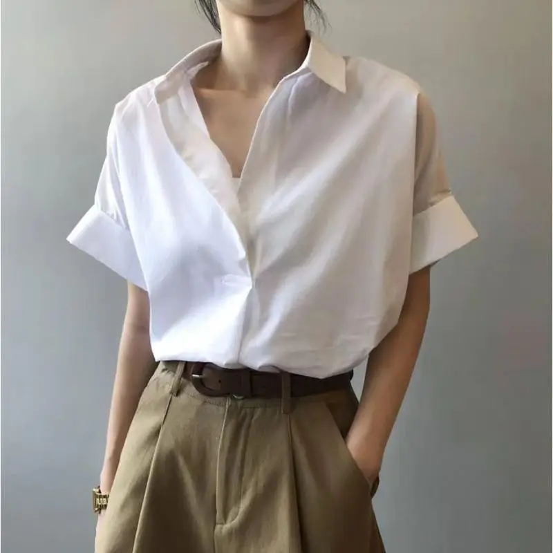 Women Summer Korean Simplicity Solid Color V-neck Short Sleeve Shirts Women Clothes Simplicity All-match Appear Thin Trend Tops