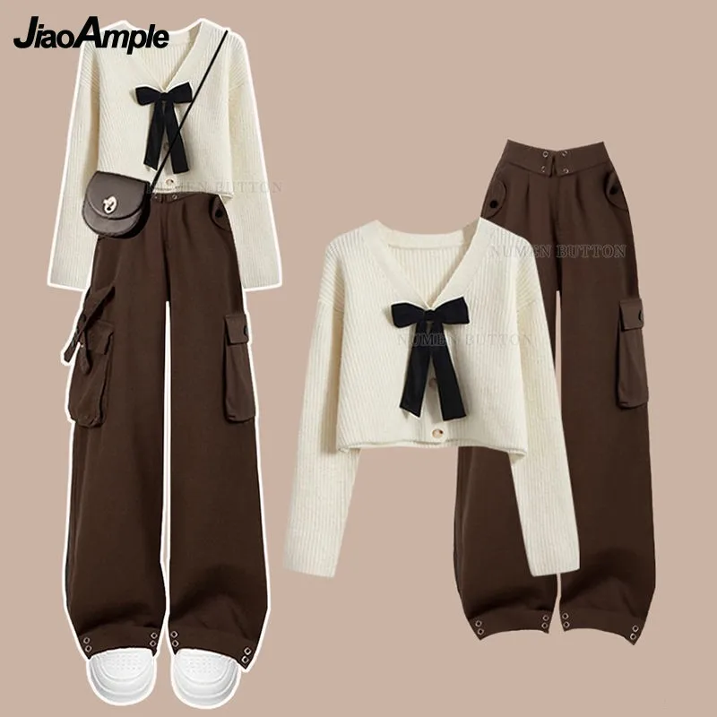 

Women Autumn Winter New Fashion Bow Knit Sweater+Casual Work Pants Two Piece Suit Korean Elegant Cardigan Trousers Matching Set