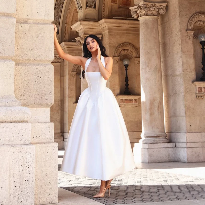 Eightree Fashion White Wedding Dresses Halter Sleeveless Backless Satin Bridal Dress Women Evening Wedding Prom Gowns Customized