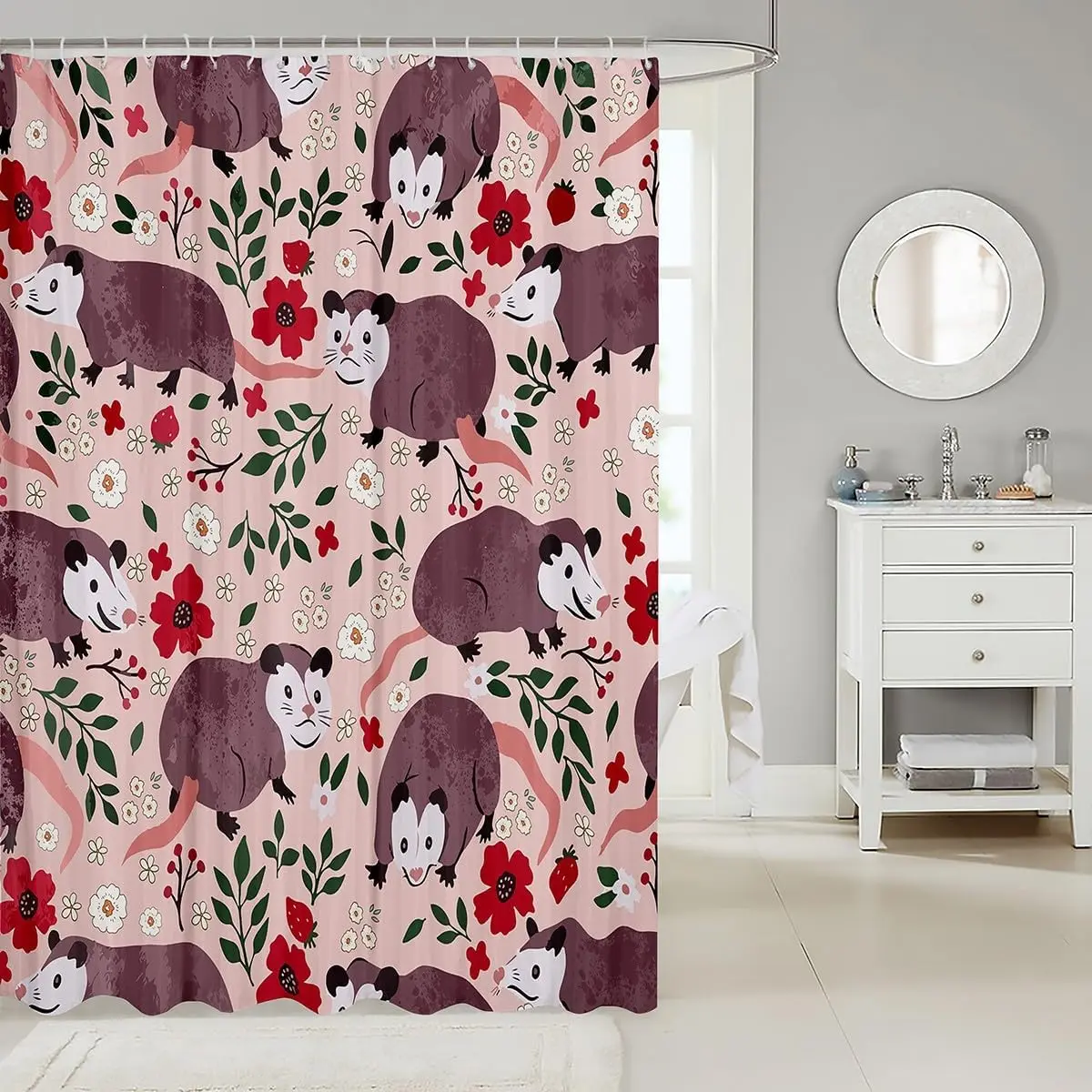 Cute Opossum and Floral Shower Curtain with Pink Background and Berries for Kids Bathroom