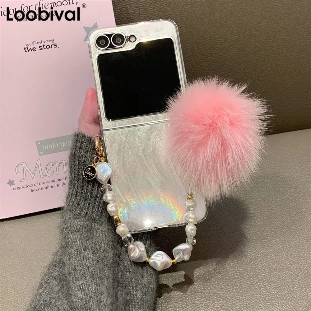 Feather Yarn Gradient for Samsung Galaxy Z Flip6 Zflip5 Luxury Plush Bracelet Phone Case for Z Flip 4 5 6 Flip3 Slim Clear Cover