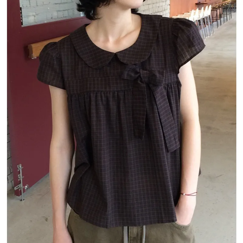 Korean Girl Feeling Ancient Slim Fit and Thin High-end Doll Collar Design Plaid Bow Shirt Short-sleeved Top