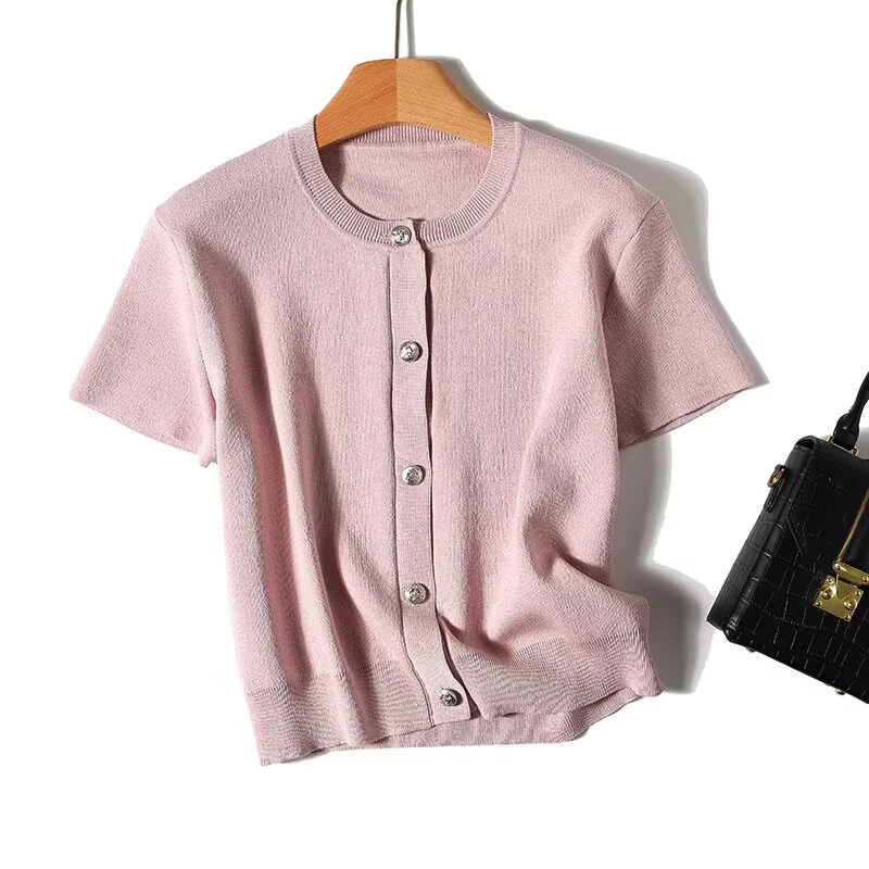 

YENKYE New Women O Neck Short Sleeve Knit Cardigan Front Button Elegant Casual Autumn Short Outerwear