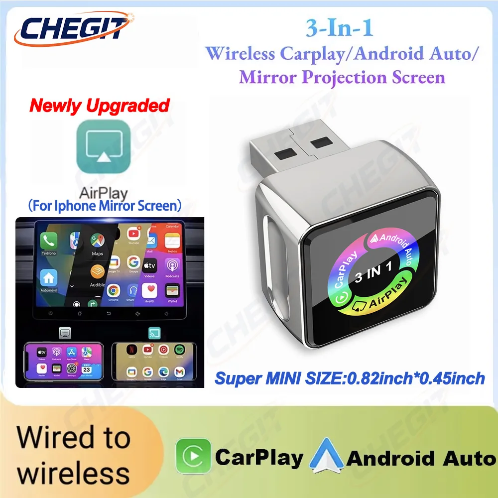 

Беспроводной адаптер 3-в-1 для CarPlay и Android Auto (обновление 2026 года): USB-донгл для iPhone с функцией Mirrorlink, преобразующий проводное подключение в беспроводное (Plug and Play) For VW Toyota Nissan Honda Fo