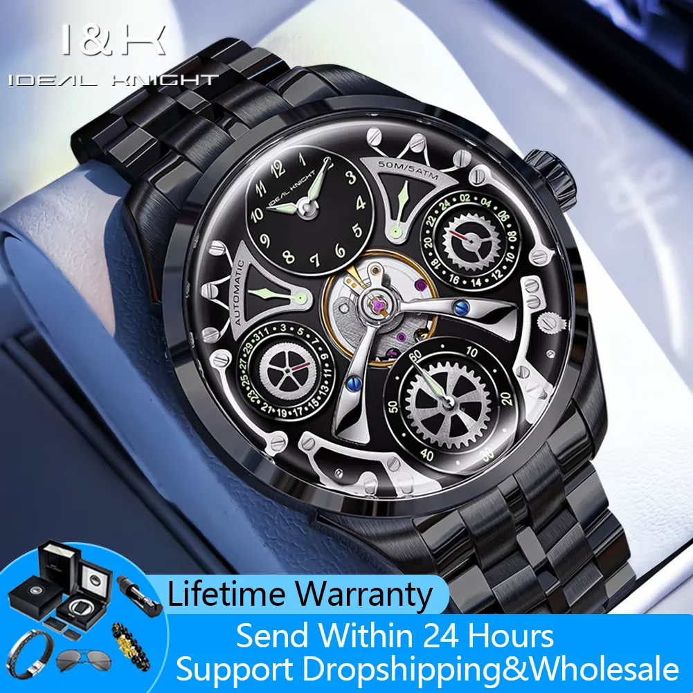 Ideal Knight 6820 Hollow Men's Watches Stainless Steel High-end Luxury Brand Original Automatic Mechanical Wrist Watches for Man