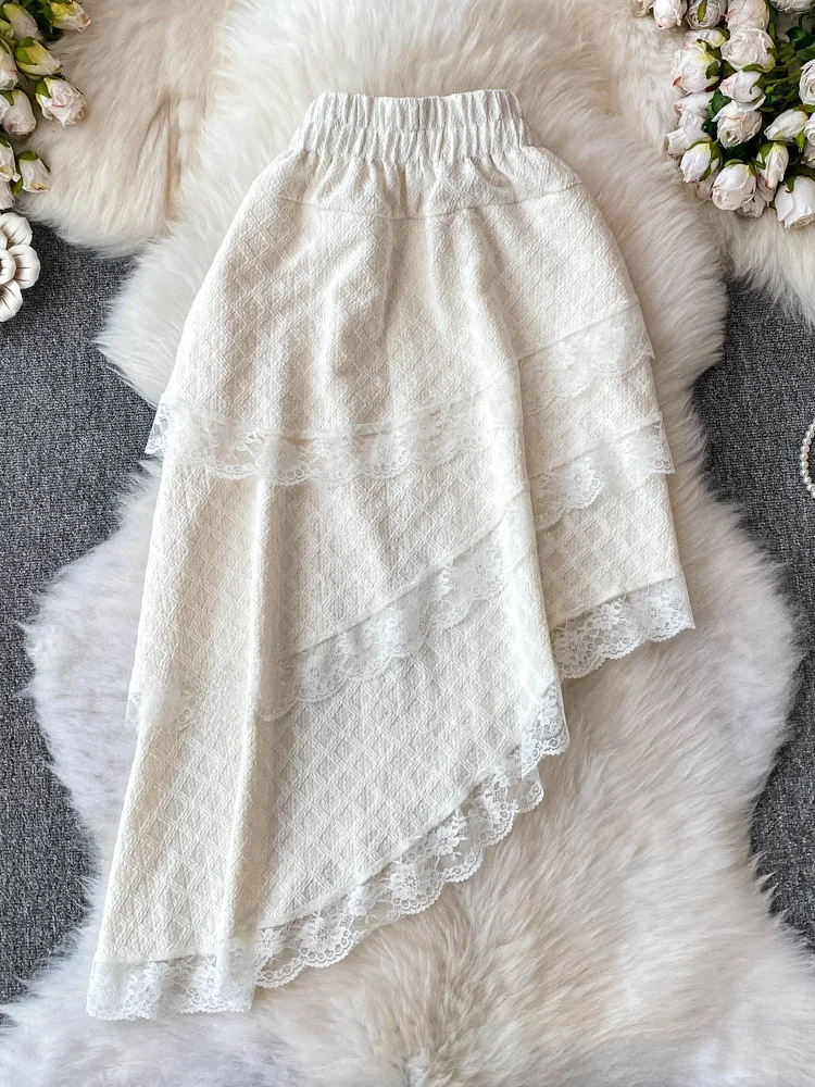 

White Lace Splice Asymmetrical Mid-Length Women's Skirt Sexy Cake Sle High Waist A-Line Midi Skirt Korean Sle Commute