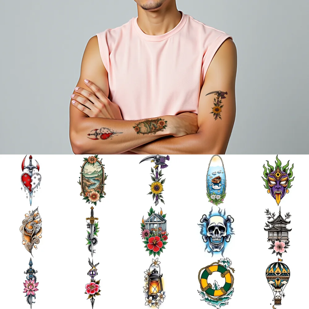 

28pcs Temporary Tattoo New School Traditional And Flowers Tattooed Hand Lighthouse And Sunset For Chest Women Arms