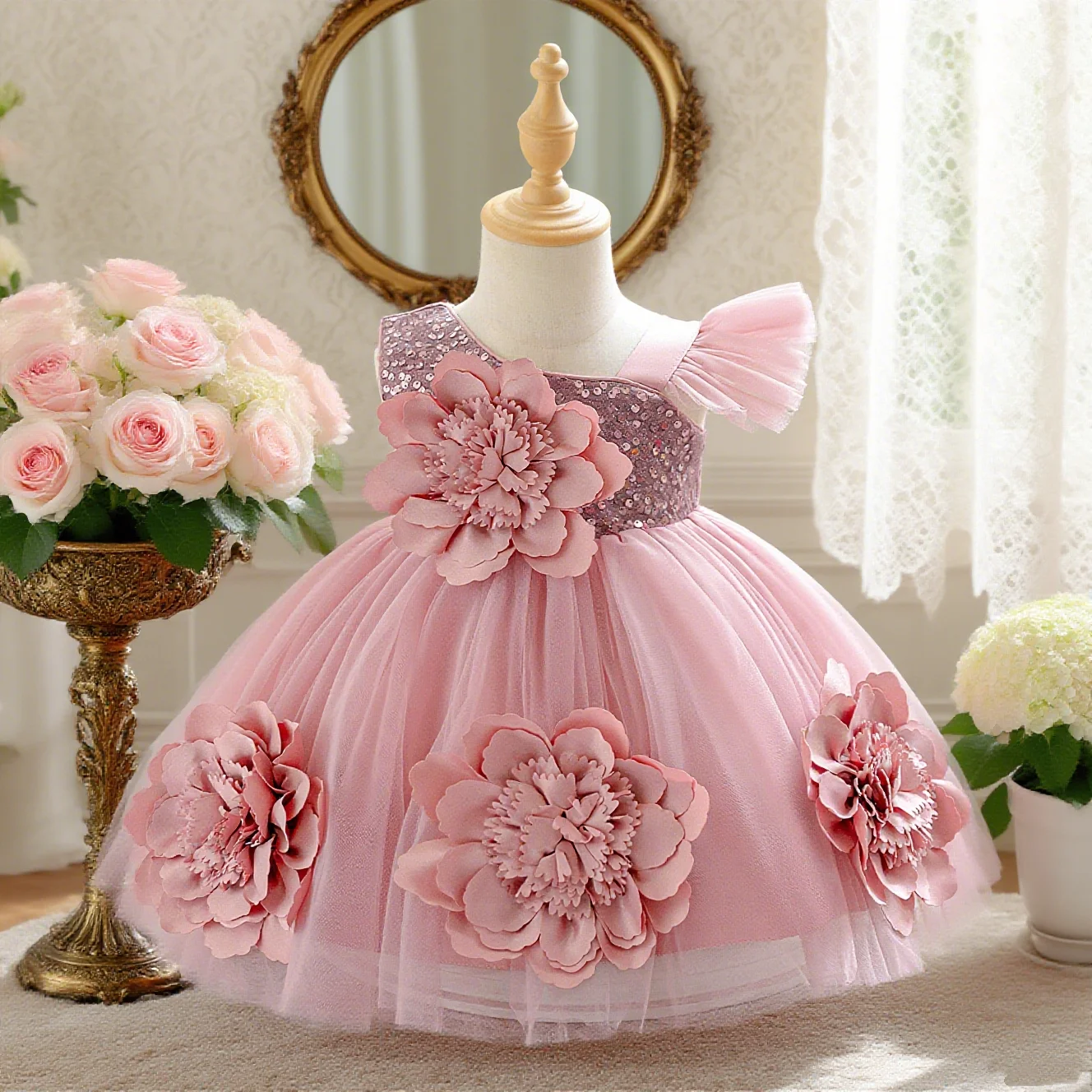 

Girls new style princess dress 3D flower tutu skirt birthday party performance host children's dress