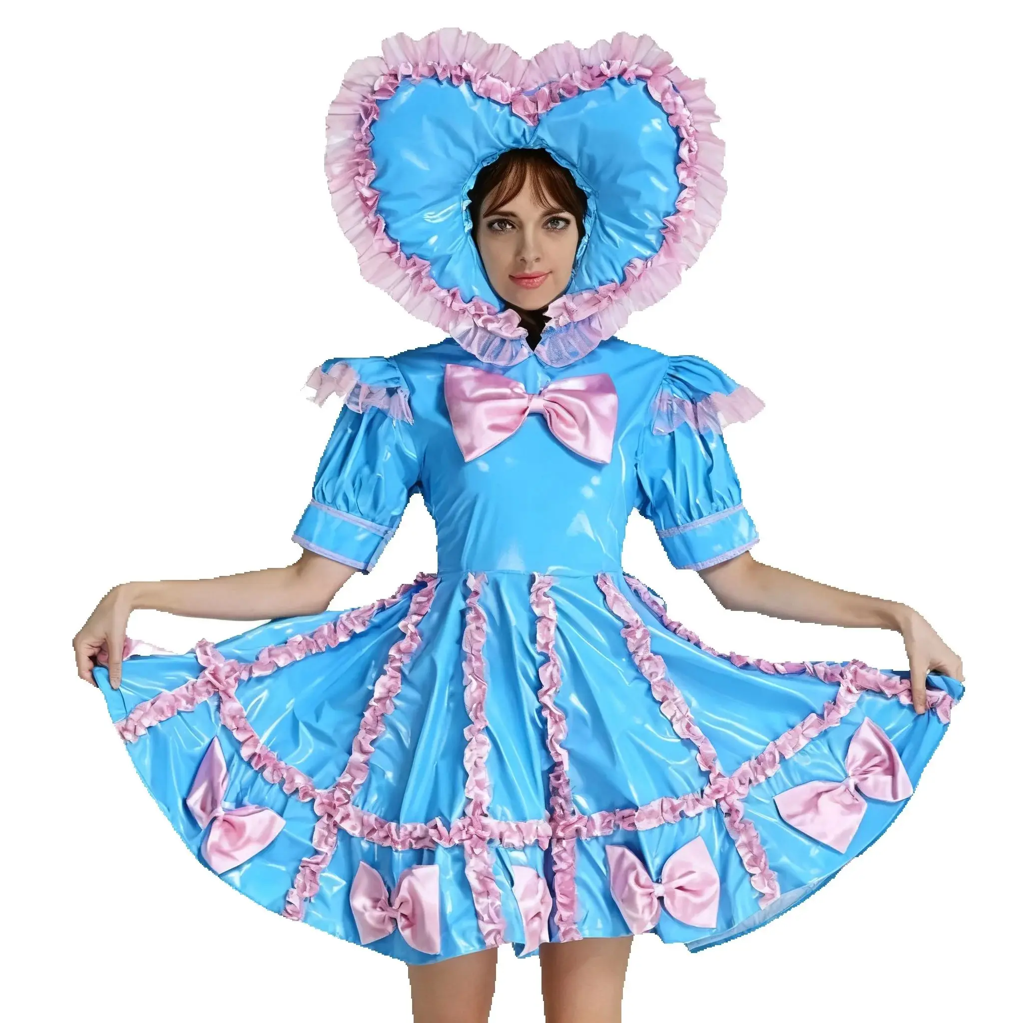 

Sexy adult baby sissy girl blue PVC lockable maid cosplay costume customizable