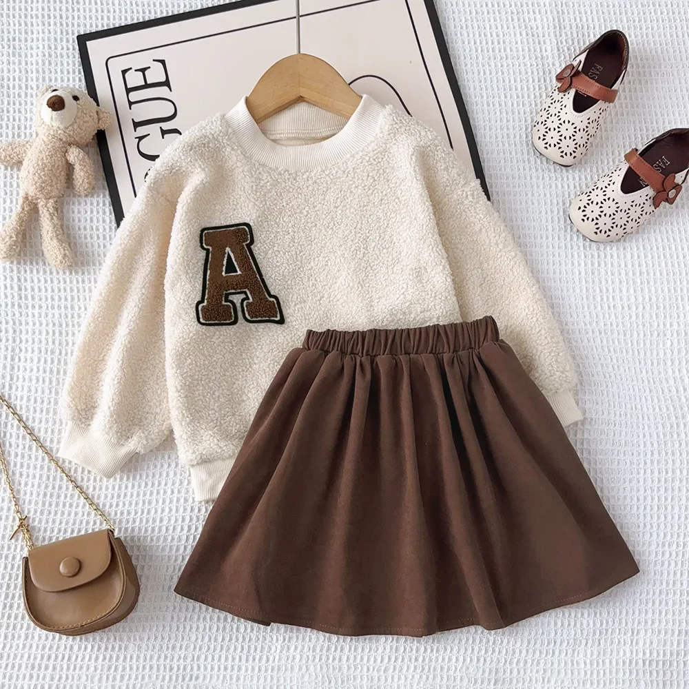 3-7 Year Old Kids Clothes Autumn Winter Fashion College Style Girls' Clothing 3D Flower Long Sleeved Plush Top+Brown Short Skirt