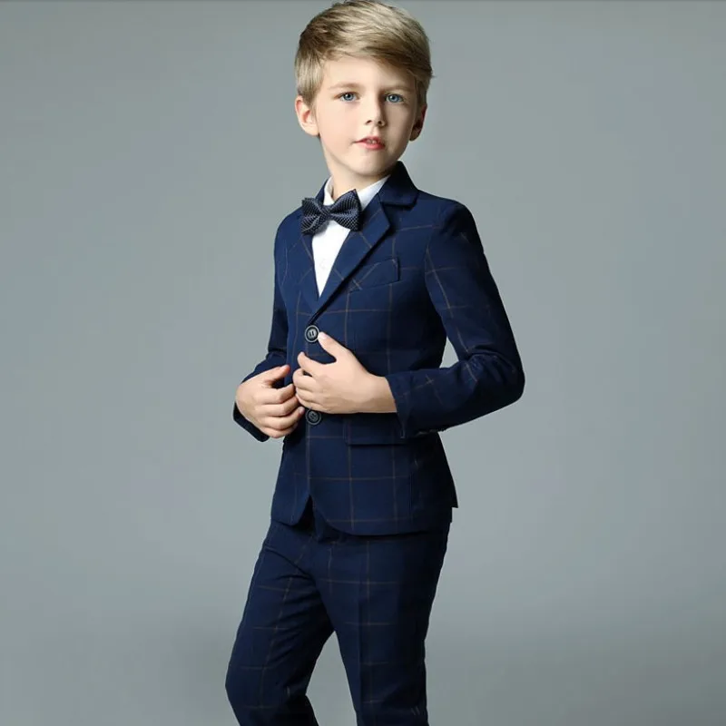 

Spring Autumn Child Formal Plaid Dress Suit Set Boy Wedding Piano Performance Host Party Costume Slim Kids Blazer Pants Clothes