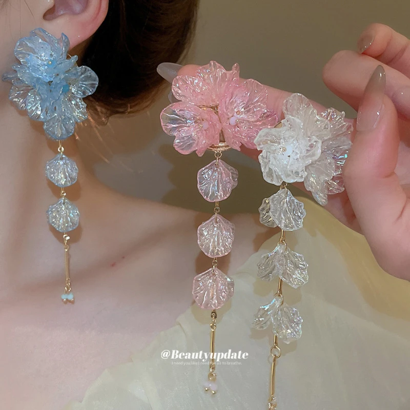 Silver Needle Acrylic Flower Tassel Elegant Fresh Sweet Seaside Fairy Earrings High-End Party Banquet Gift Niche Jewelry Woman