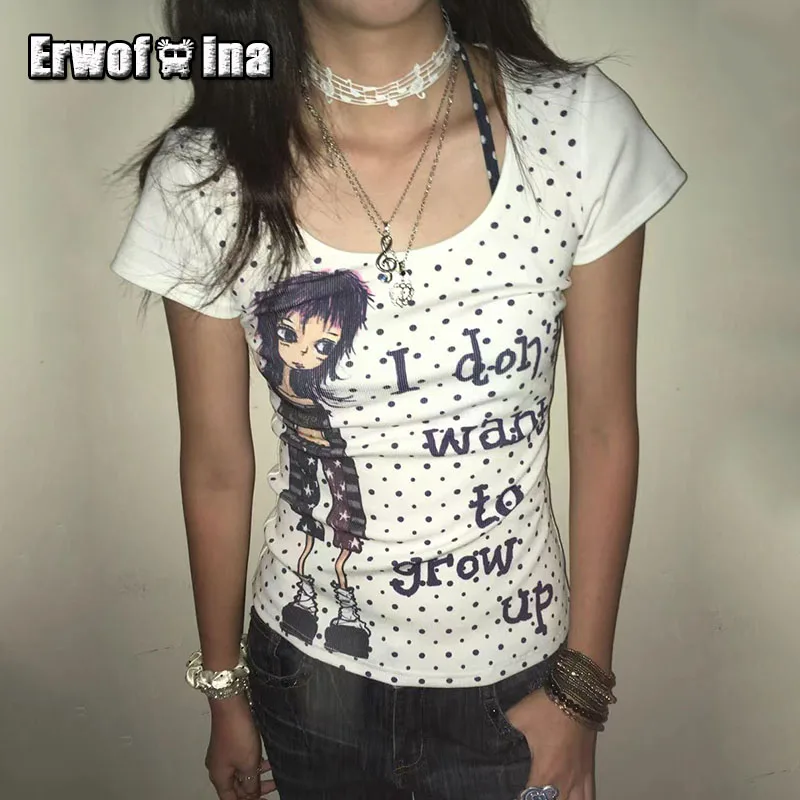 

Erwofeina Hotsweet Graphic T Shirts Polka Dot Short Sleeve 2000s Clothes Y2k O-neck Skinny Women Top Korean Fashion Chic Tees