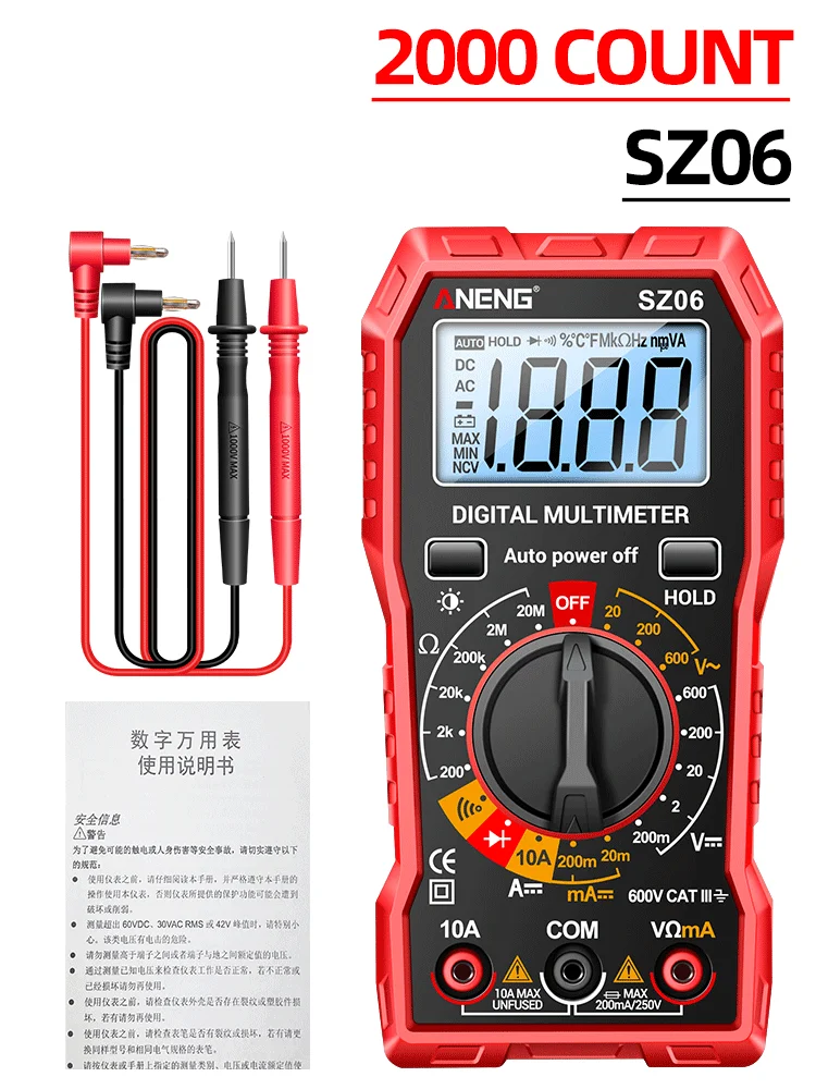 Digital Multimeter Voltage Tester Voltmeter ANENG SZ06 TRMS 2000 Counts Auto-Ranging Ohm Volt Amp Meter Measuring AC/DC Voltage