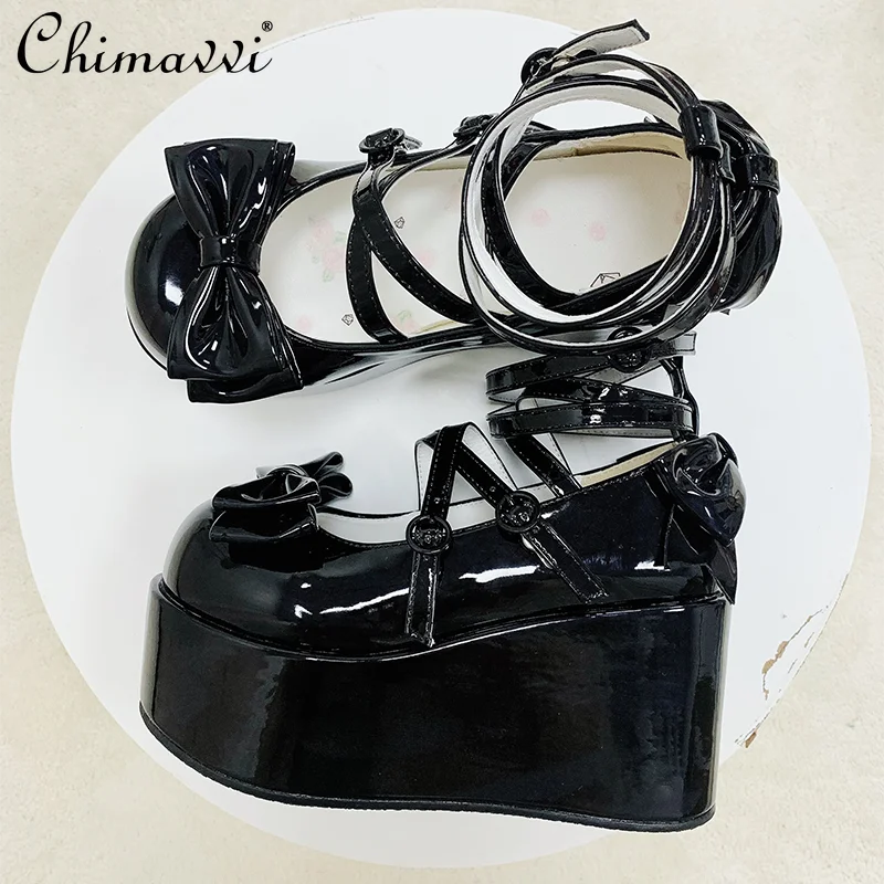 Sweet Girl Casual Lolita Platform Heels Japanese Style Kawaii Bow Round Toe Buckle High Heels Elegant Princess Leather Shoes