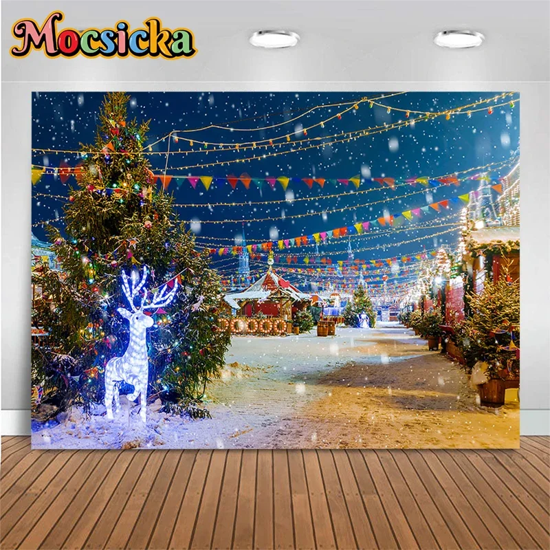 Mocsicka Christmas Cart Decoration Photography Background Xmas Trees Elk Gifts Sparkling Lights Snowflakes Photos Backdrop Props